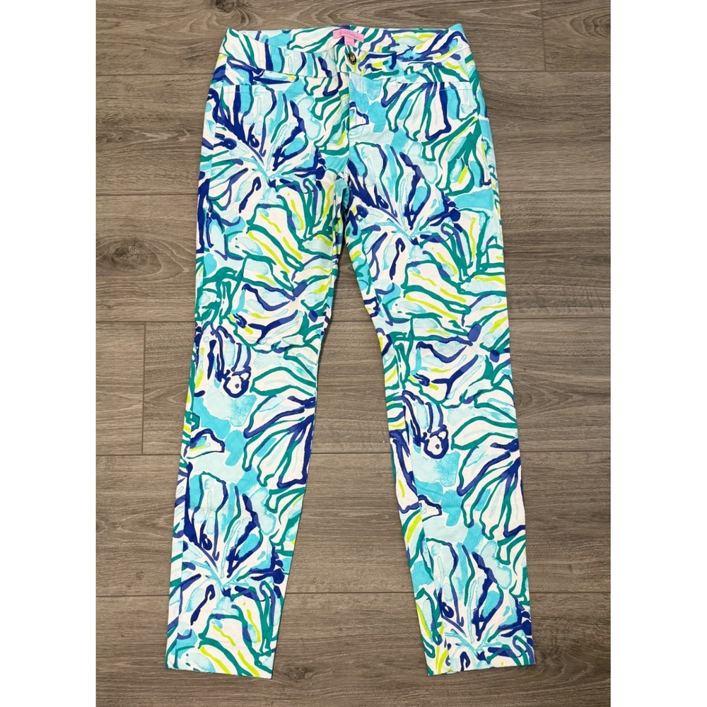 Lilly‎ Pulitzer Kelly Skinny Ankle Pants 4 Pool Blue Stay Cool Tropical Beach